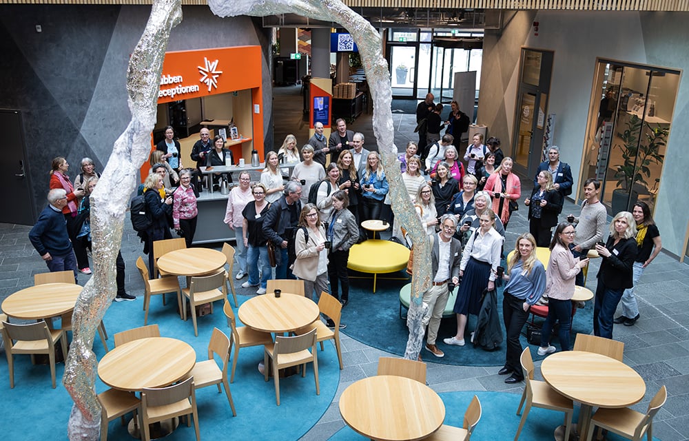 Samling människor minglar på öppen yta
